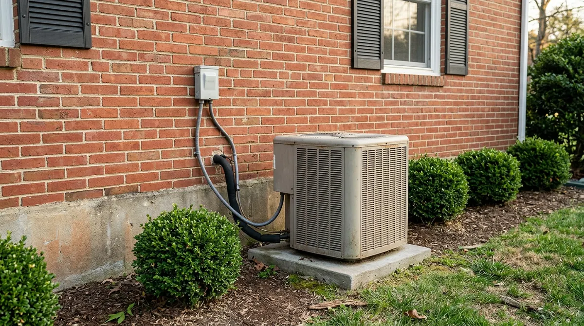 A classic outdoor condenser on a pad beside a traditional red brick colonial home with black shutters and neat boxwoods, soft afternoon light