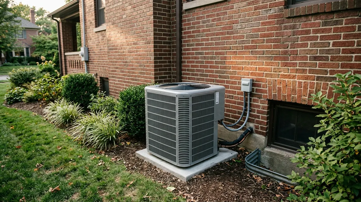 A premium variable-speed outdoor heat pump with a silver-gray cabinet on a pad beside a stately brick home with landscaping, soft evening light