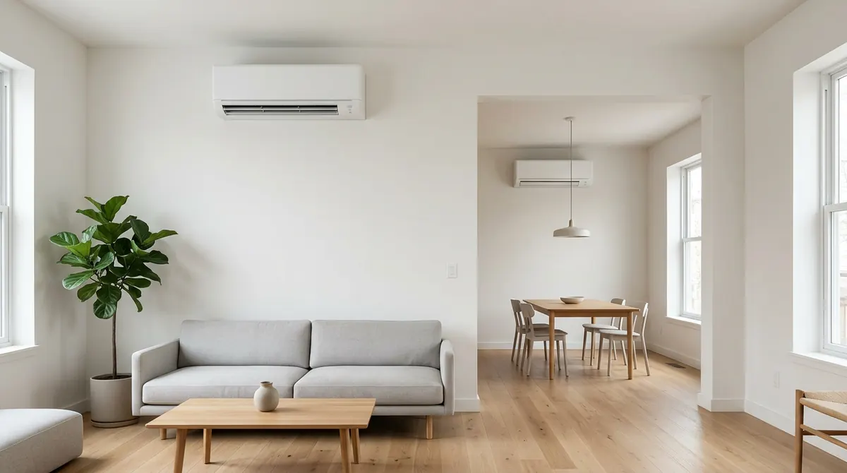 A white wall-mounted ductless indoor unit in a bright minimalist living room and a matching second indoor unit visible in the adjoining dining area, soft daylight