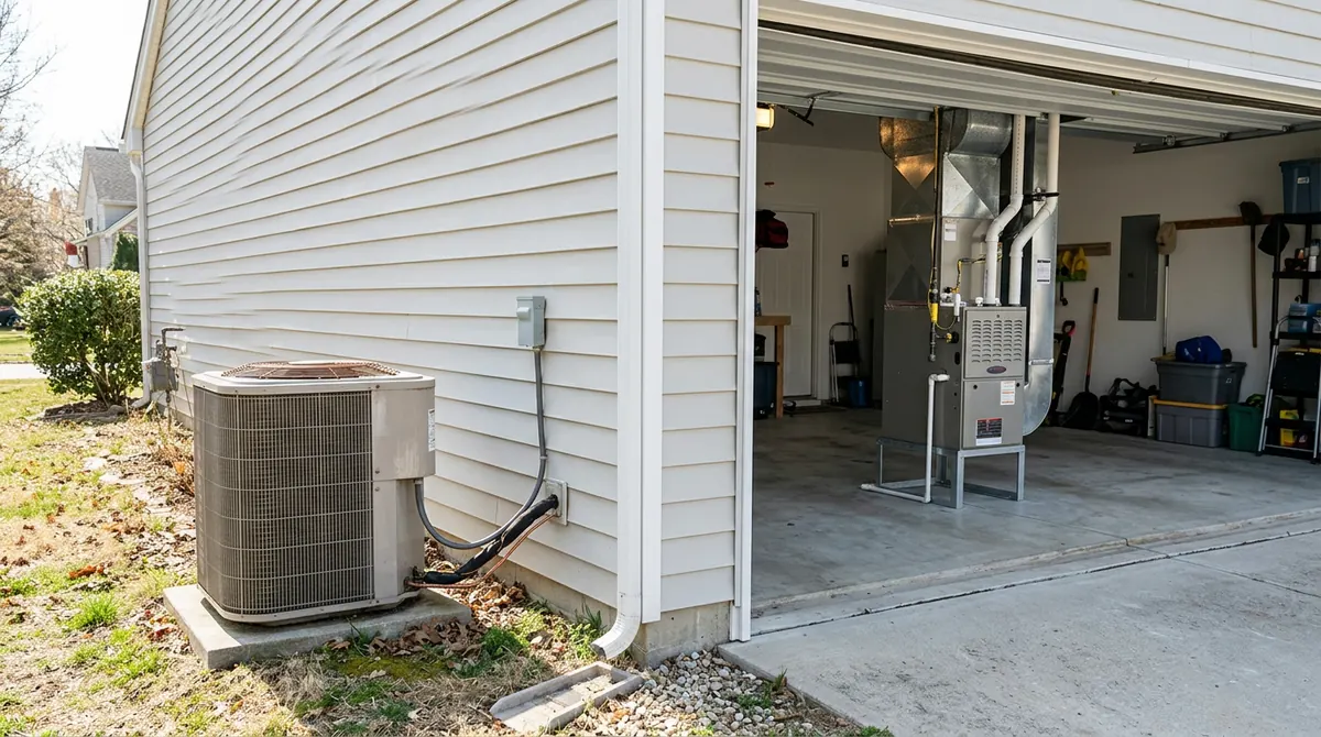 An outdoor condenser beside a home and through an open garage door a clean gas furnace on its stand, bright daylight