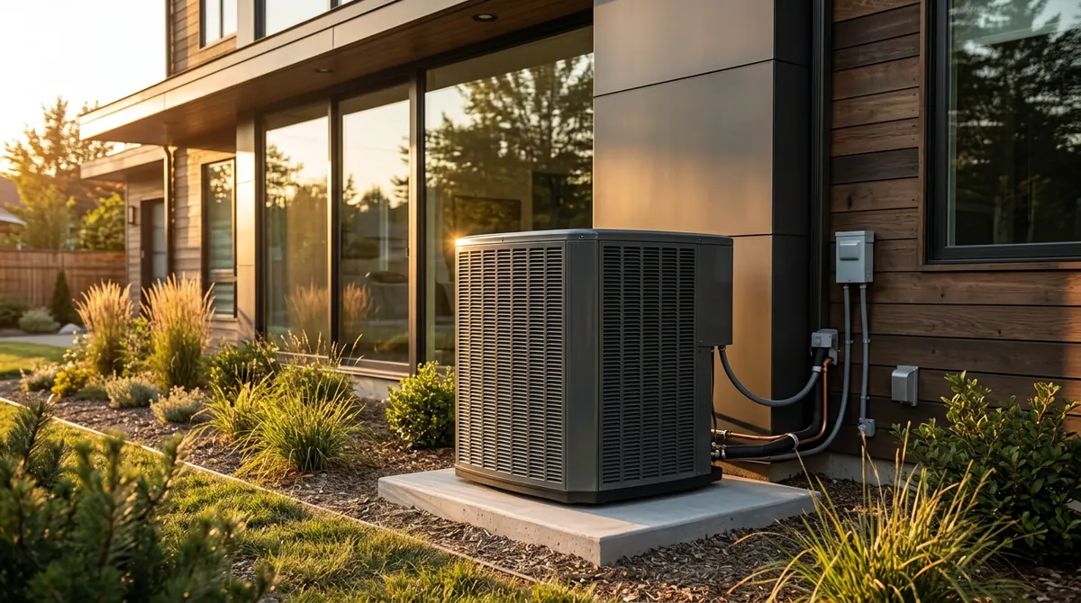 A sleek high-efficiency outdoor condenser with a modern louvered cabinet in front of a contemporary home with large windows at golden hour