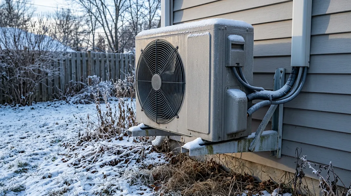A cold-climate heat pump outdoor unit with a large fan on a wall-mount stand in a winter yard with light frost and a dusting of snow, crisp morning light