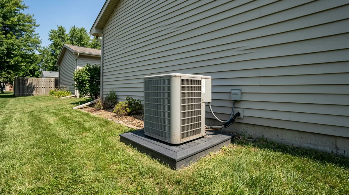 A dependable outdoor condenser on a composite pad beside a ranch home with a trimmed lawn and a clear blue sky