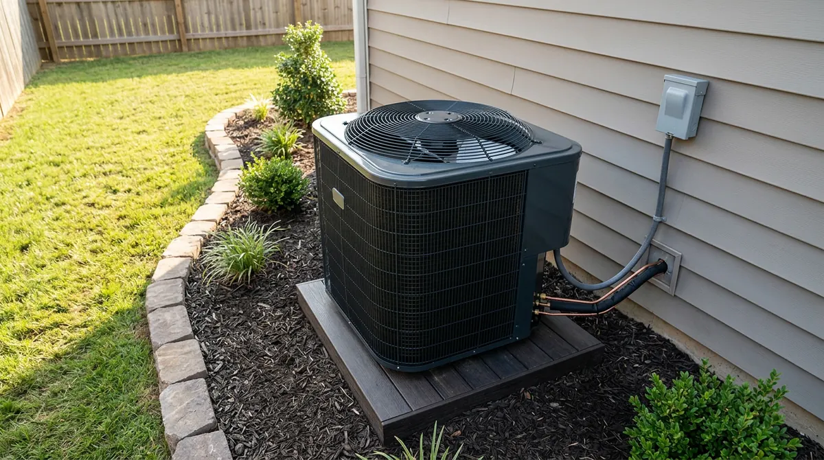 A quiet two-stage outdoor condenser with a wide fan grille on a pad in a tidy side yard with a neat stone border, bright afternoon light