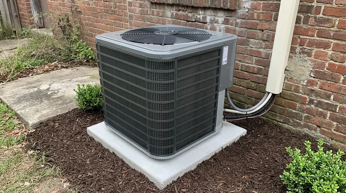 After: The same brick wall and spot, now with a brand-new clean outdoor condenser on a fresh level pad, weeds cleared, fresh mulch and a neat line set cover, bright daylight