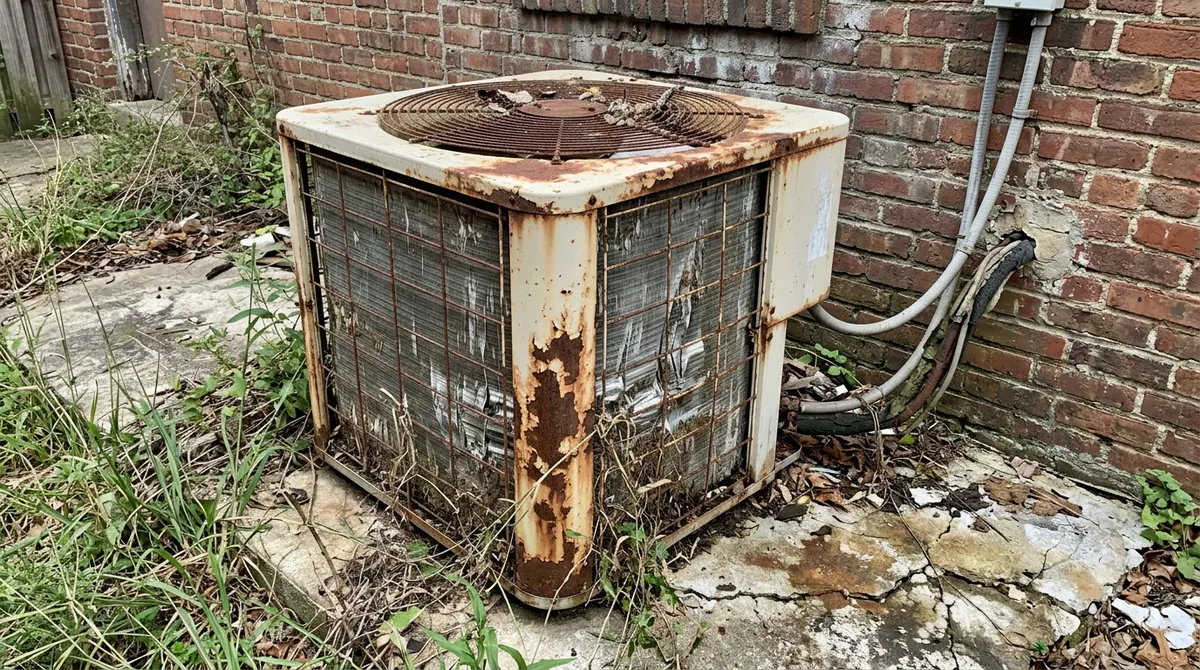 Before: An old weathered rusty outdoor air conditioner with bent fins, faded paint and weeds growing around its base beside a brick wall on a cracked pad