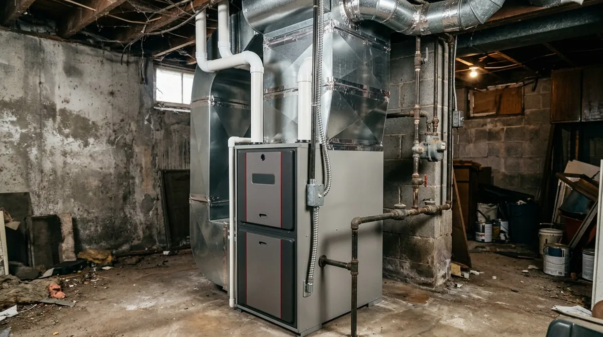 After: The same basement spot with a brand-new high-efficiency furnace, new white PVC vent pipes, tidy sheet-metal and neat wiring under bright lighting