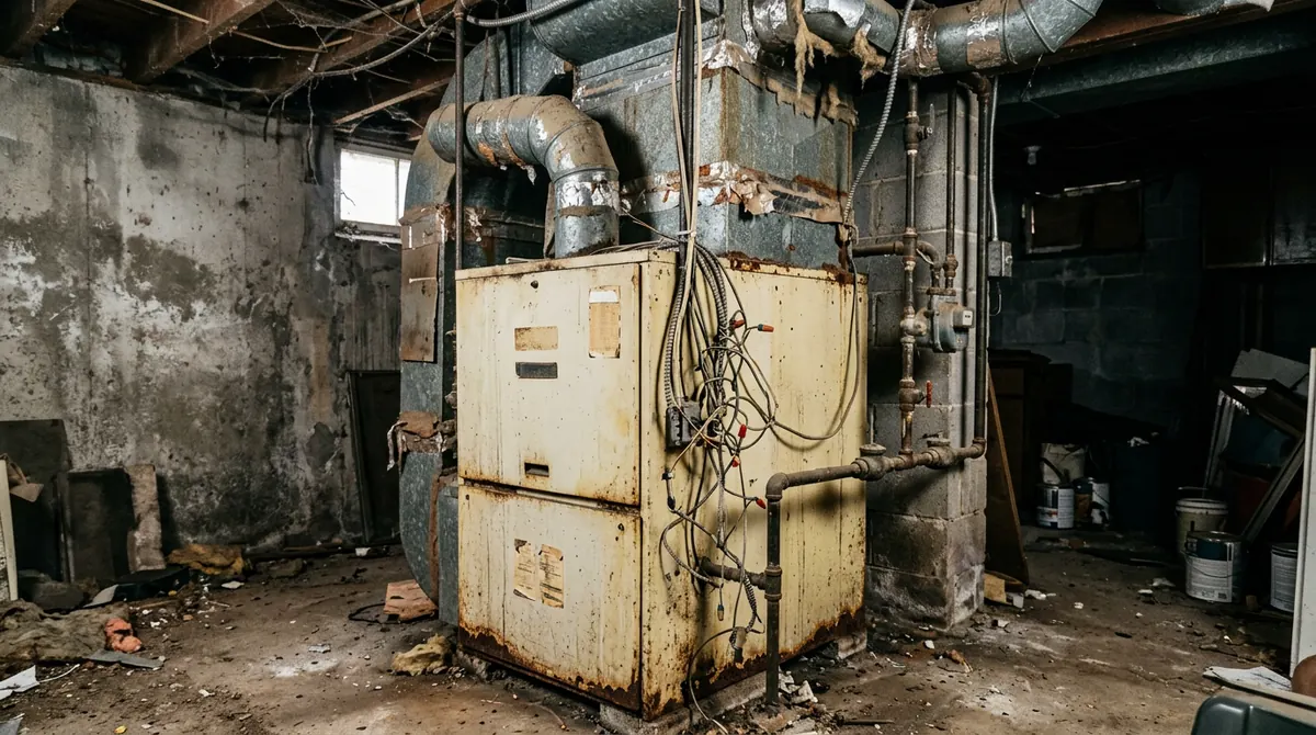 Before: An old yellowed gas furnace with dusty panels, rusty ductwork and tangled wiring in a basement