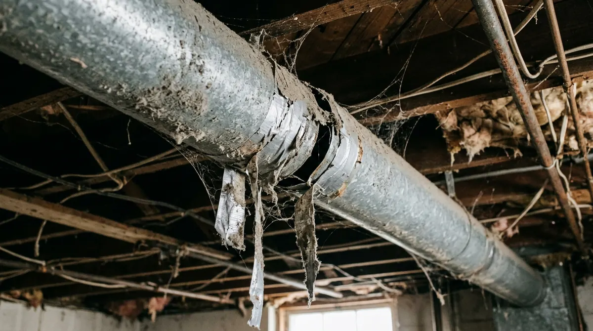 Before: Dusty gray ductwork with peeling tape and gaps in a basement ceiling and cobwebs