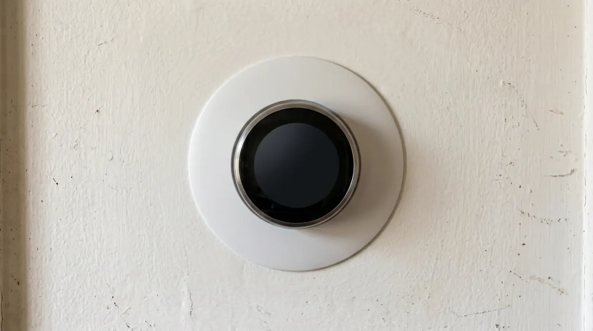 After: The same wall with a sleek round smart thermostat with a dark display, fresh paint around it and a neat finish plate