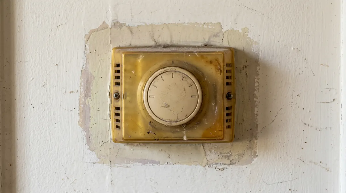 Before: An old beige dial thermostat on a wall with a yellowed plastic cover and a patch of faded paint around it