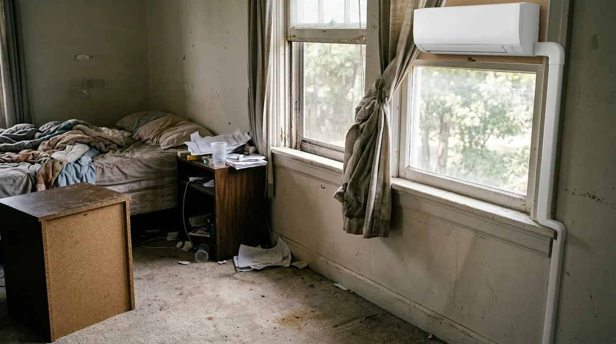 After: The same bedroom with a clean white wall-mounted mini-split above the window, the window fully clear showing the view, tidy line set cover