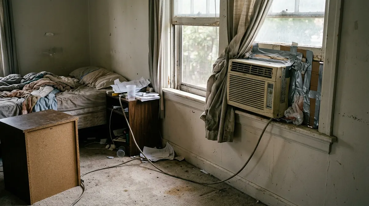 Before: A bedroom with a noisy window air conditioner jammed in the window with duct tape and a cord across the floor