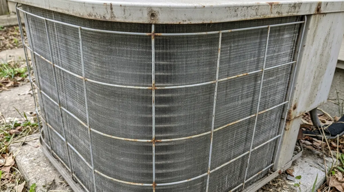 After: The same condenser coil clean and bright with fins straight and open, the grille tidy and clear