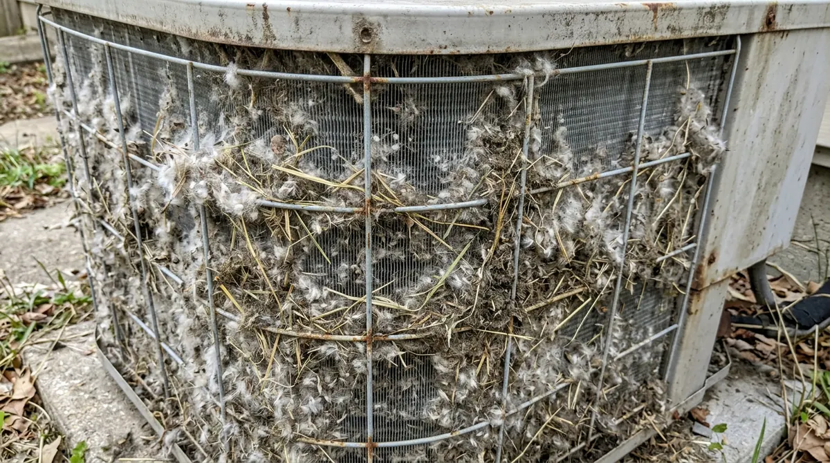 Before: A condenser coil clogged with matted cottonwood fluff, grass clippings and grime blocking the fins