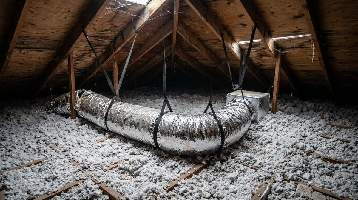 After: The same attic with straight, sealed and insulated ducts on straps, fresh blown insulation and a tidy plenum