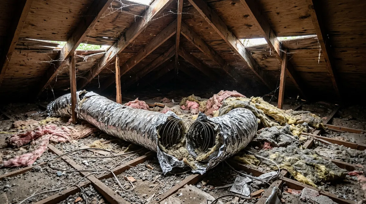 Before: An attic with disconnected, crushed flexible duct, torn insulation and daylight leaking through gaps