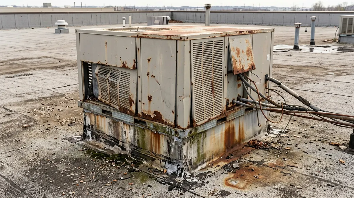 Before: A faded, rusting rooftop HVAC unit with dented panels and stained roof curb on a commercial roof