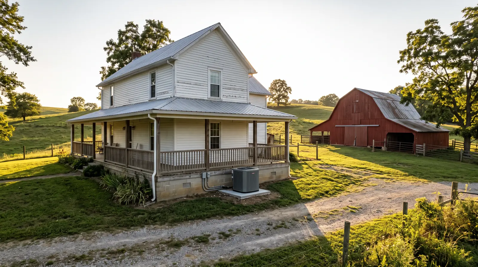 A white farmhouse with a wraparound porch and a restored red barn on rolling green Tennessee farmland in golden light, a heat pump outdoor unit on a pad beside the porch
