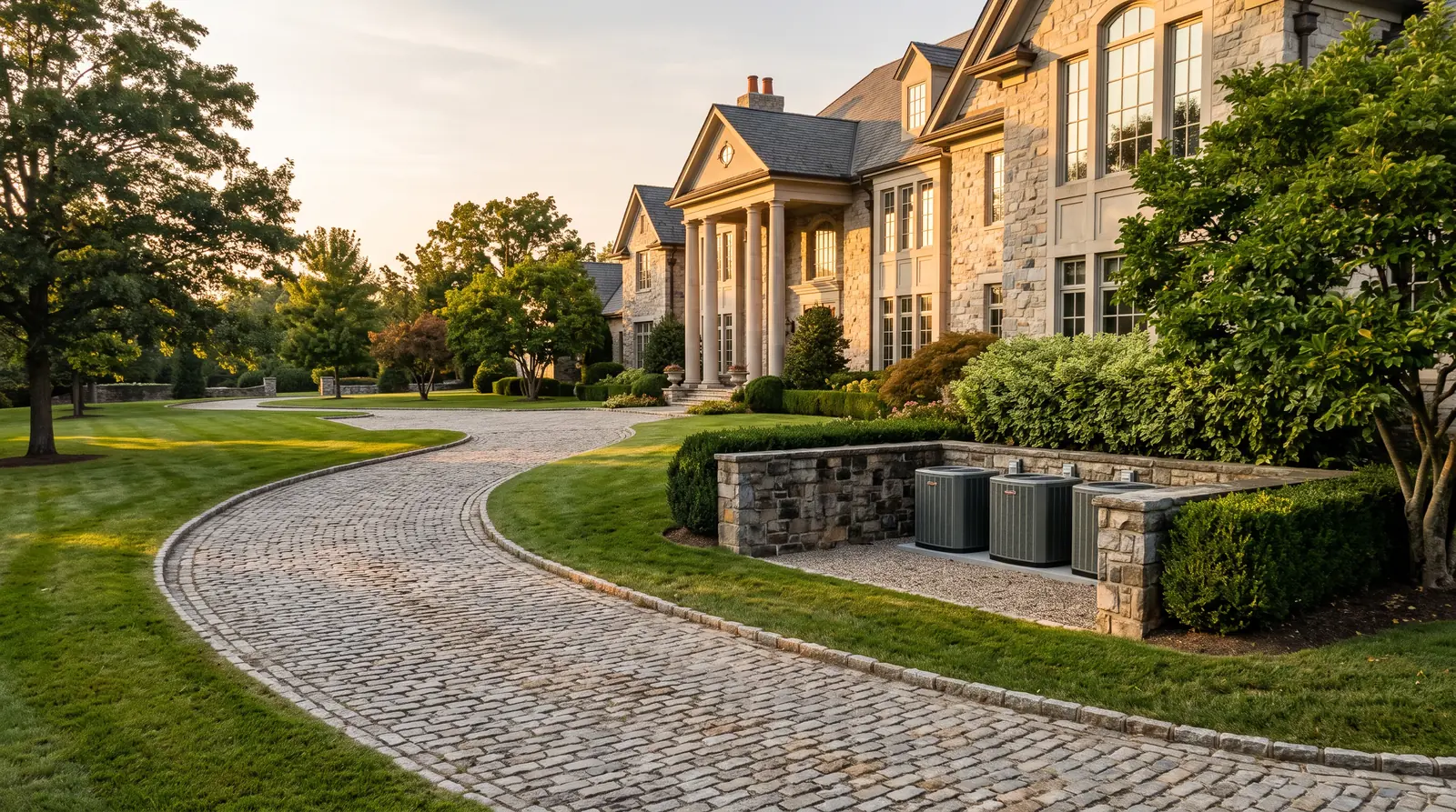 Luxury Estate With Multiple Systems | Music City HVAC A large luxury estate home with a long curving driveway, stone columns and tall windows at golden hour, three matched outdoor condensers lined up neatly behind a low stone wall and hedge