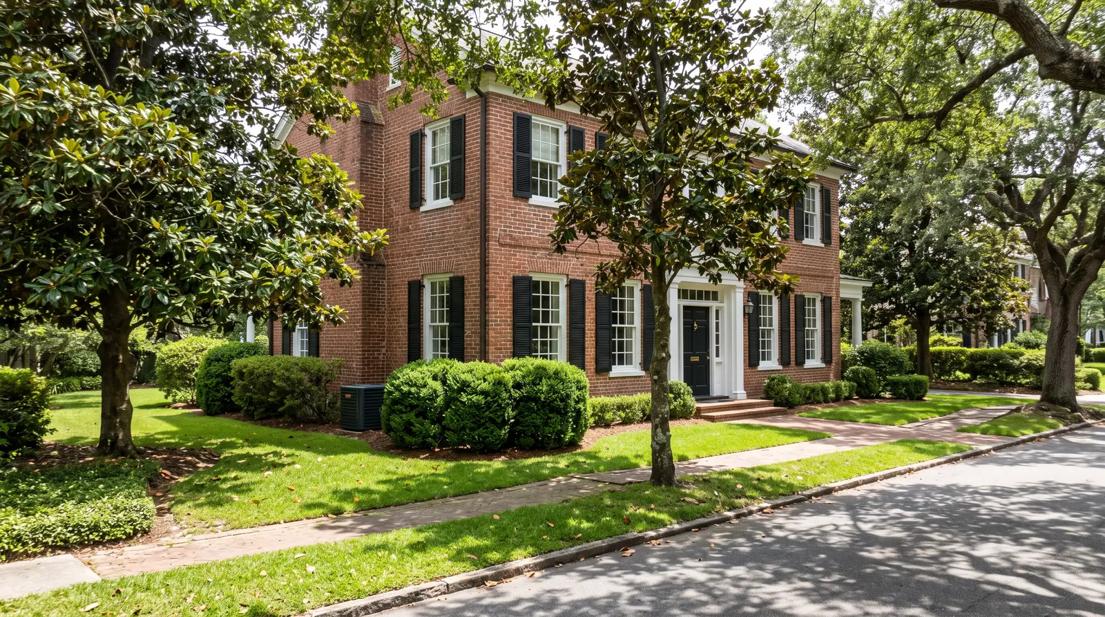 A beautifully kept historic red brick Southern home with tall divided-lite windows, black shutters and a paneled door, magnolia trees, a quiet tree-lined street and a small condenser screened by boxwoods