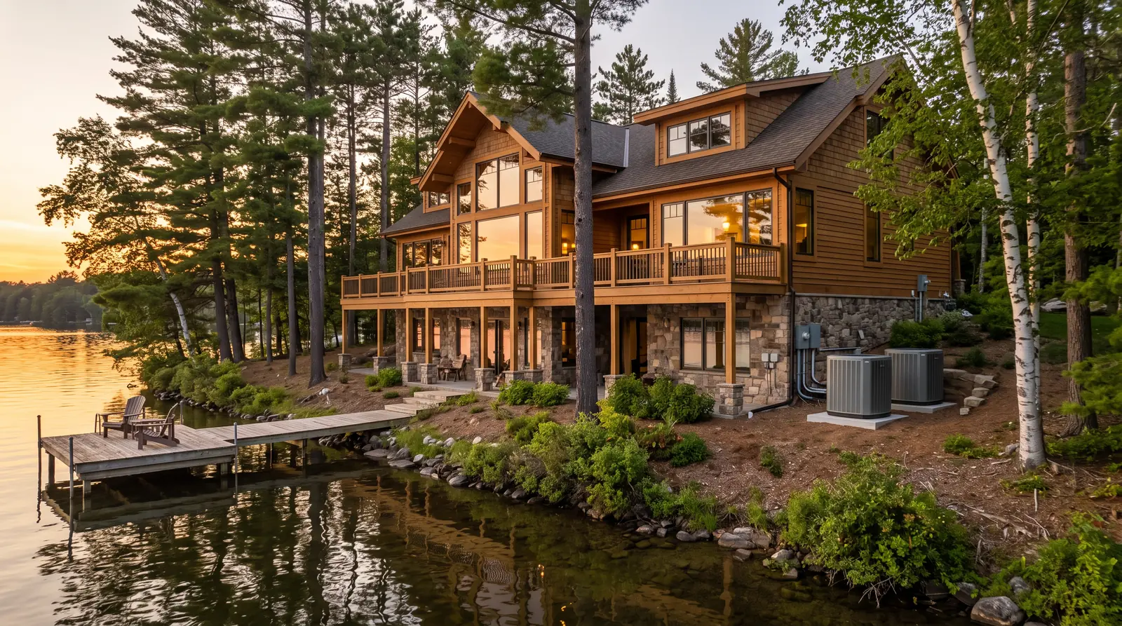 A stunning lake house with a wooden dock, large windows and a wraparound deck at sunset, calm water, with a pair of outdoor units neatly set on pads beside the lower level