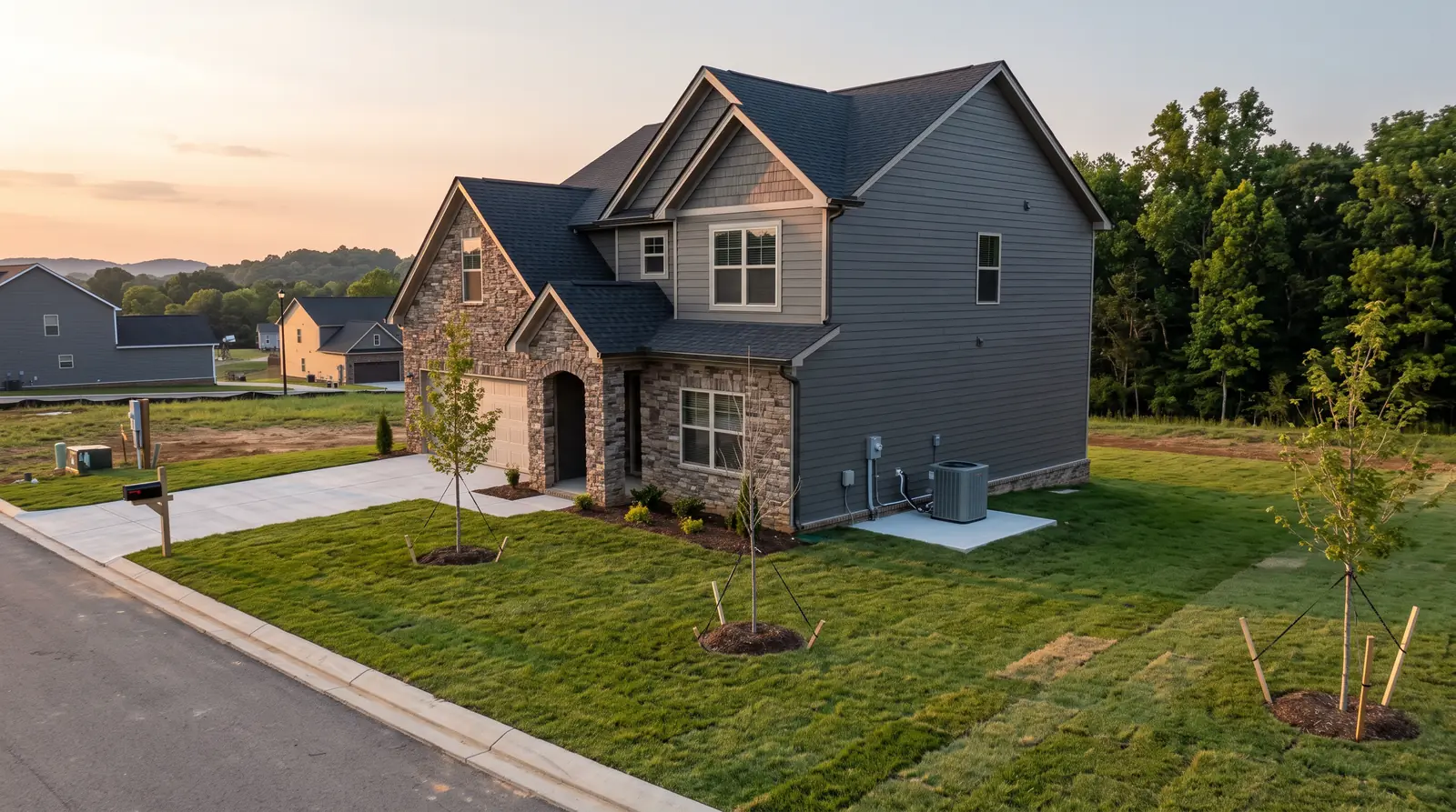 A newer two-story stone and siding home in a new Tennessee neighborhood with fresh sod and young trees, an outdoor condenser on a new concrete pad, warm evening light