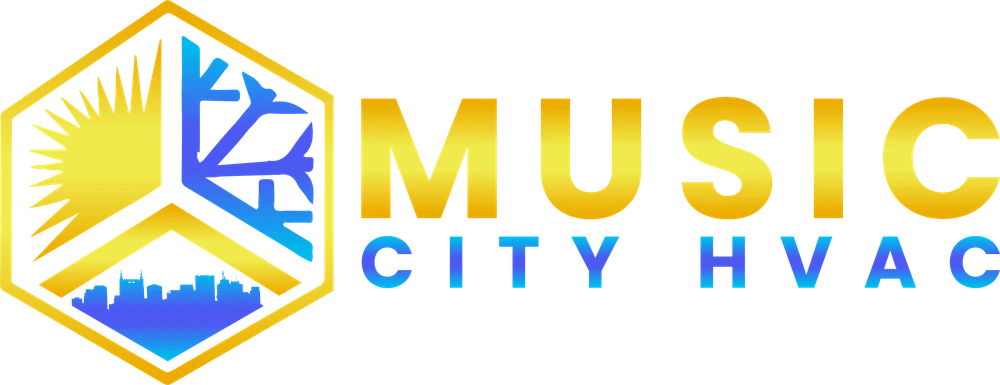 Music City HVAC logo with a golden sun, a blue snowflake and the Nashville skyline in a hexagon