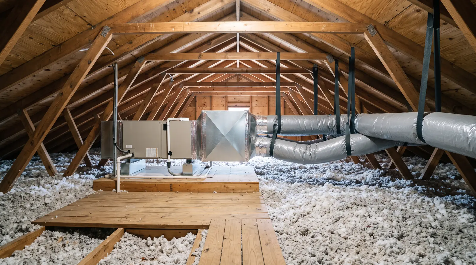 A tidy, well-lit attic with insulated flexible round ducts neatly supported with straps, a clean metal plenum and an air handler on a platform, deep blown insulation, wooden rafters above