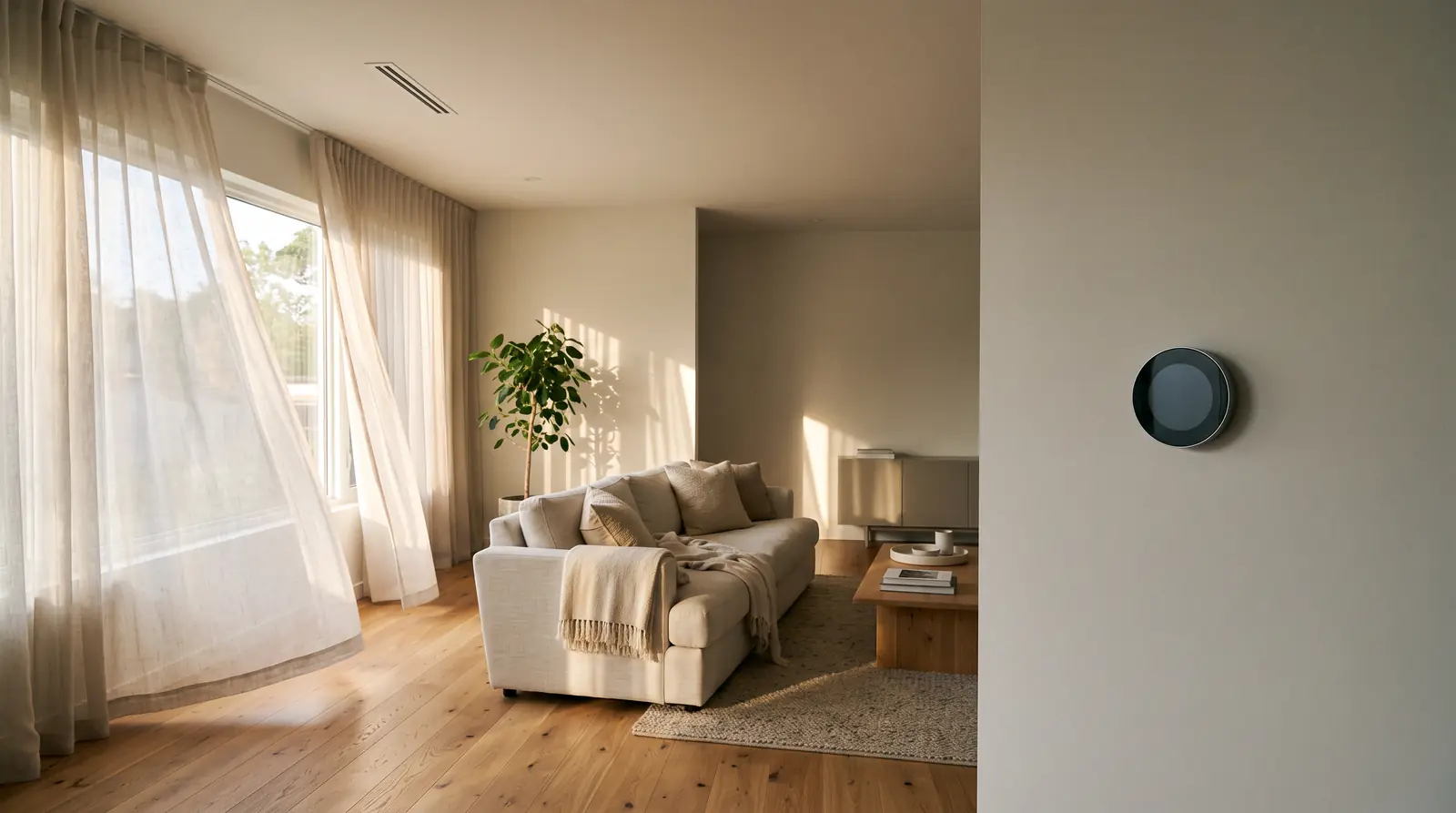 A calm, comfortable modern living room in late afternoon light with a large window, light linen sofa, hardwood floor, a sleek round wall thermostat with a dark minimal display and a ceiling supply vent, sheer curtains moving gently