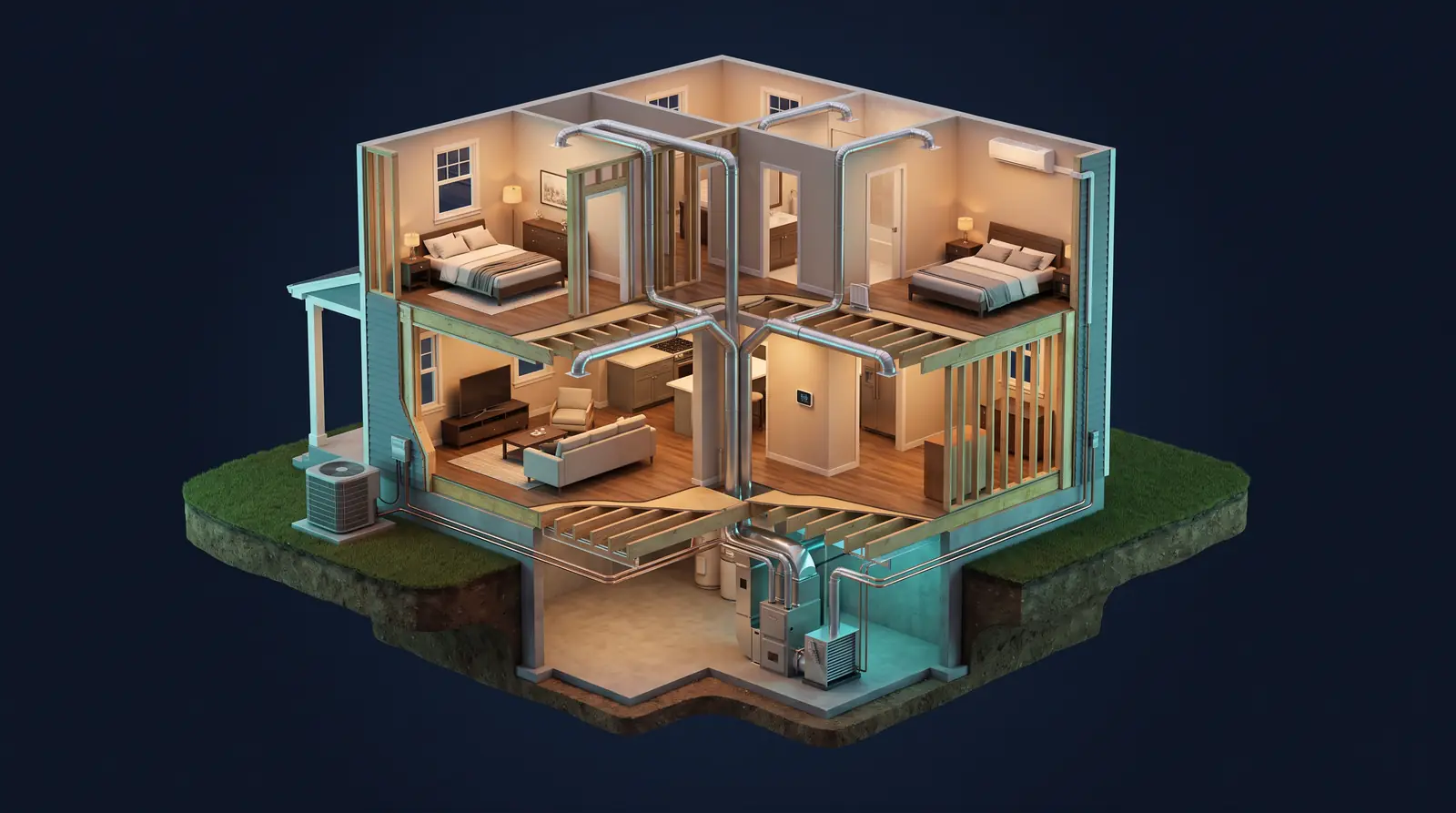 A detailed isometric 3D cutaway of a two-story home clearly showing a furnace and coil in the basement, ductwork running through the floors, supply vents in each room, a wall thermostat, an outdoor condenser and a ductless indoor unit, floating on a dark navy background