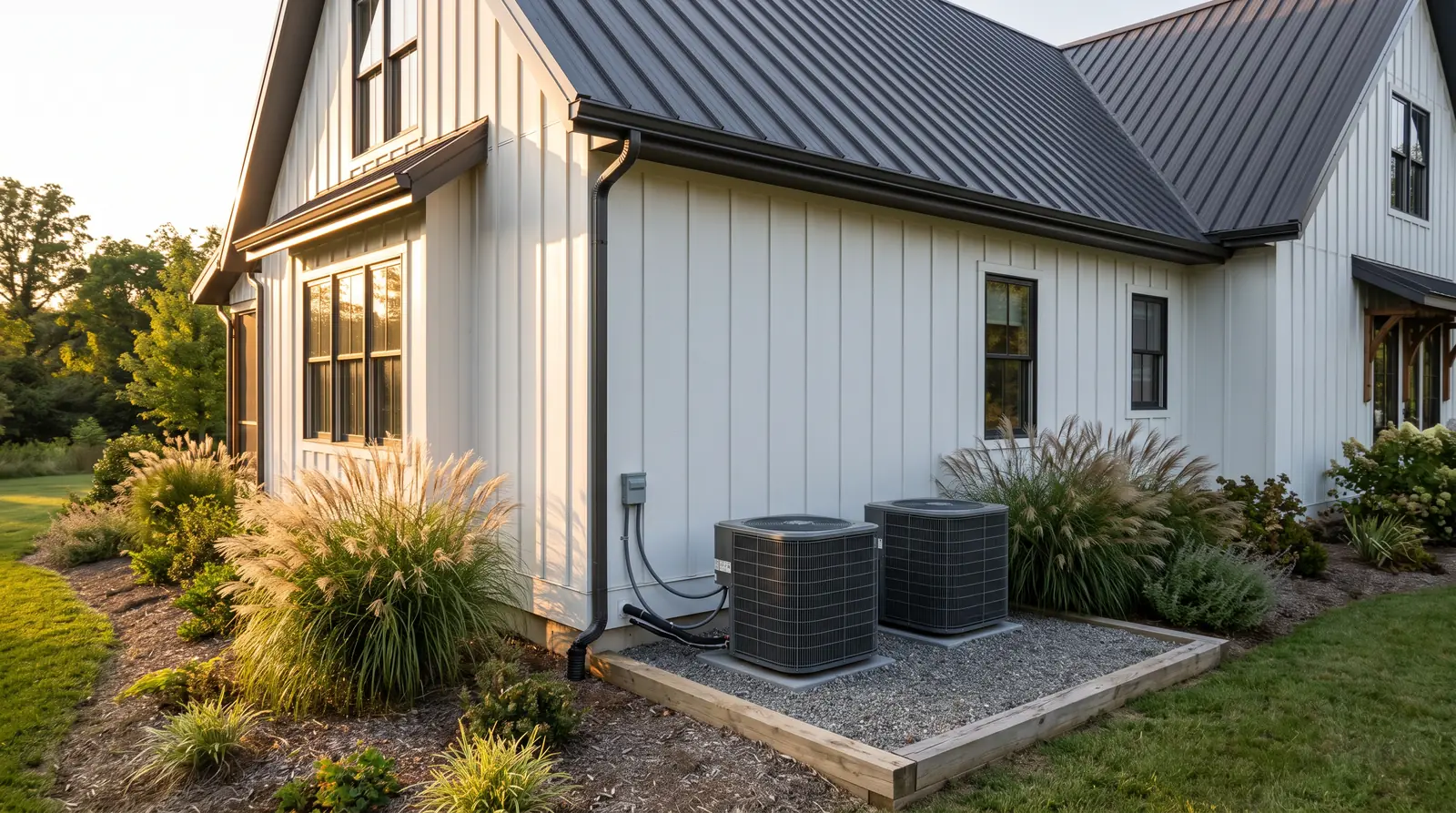 A stunning modern farmhouse at golden hour with board-and-batten siding and a metal roof, two matched outdoor air conditioner condensers on a gravel pad softened by ornamental grasses along the side of the home