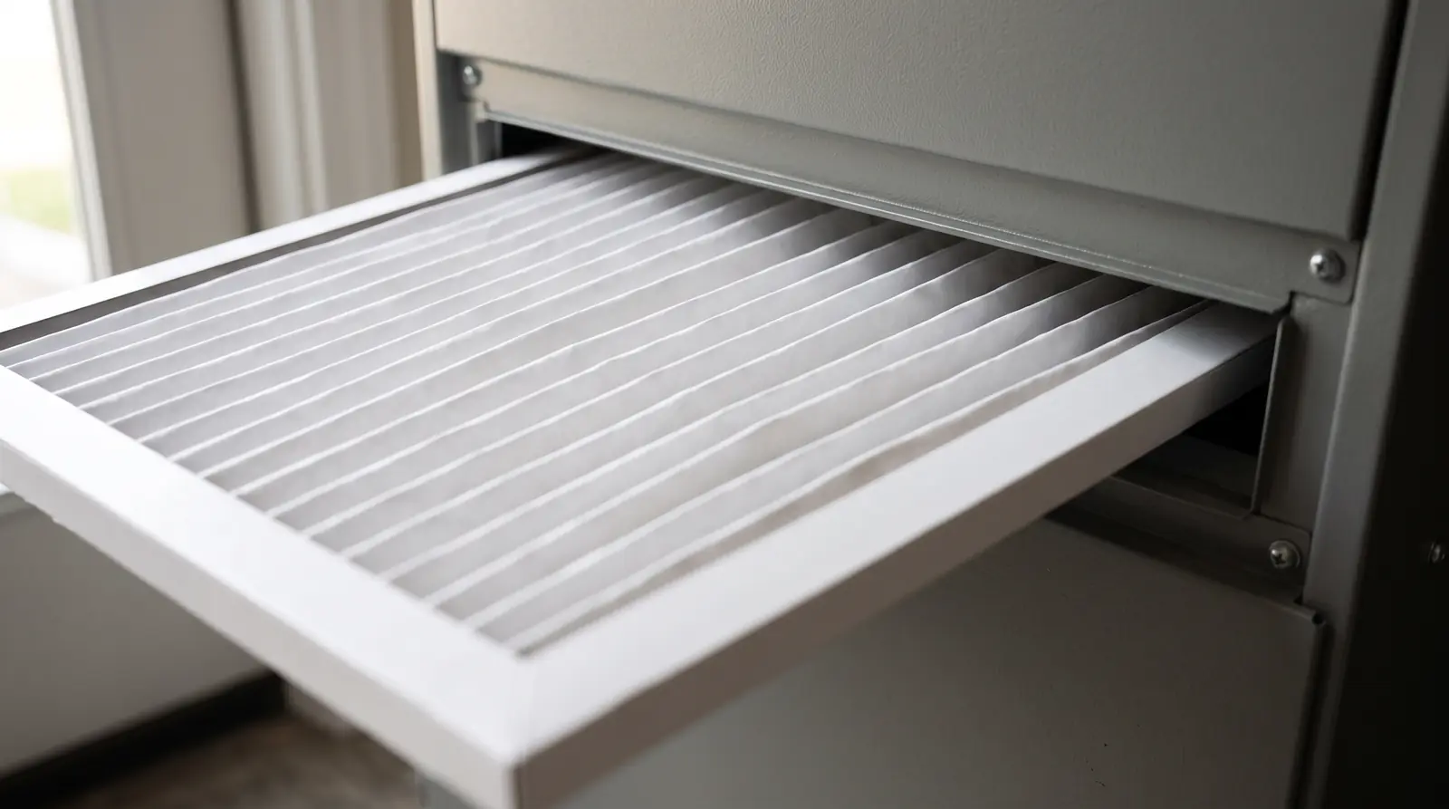 A close-up of a crisp new white pleated air filter sliding into a return air slot in a clean grey cabinet, every pleat sharp, soft side light, shallow depth of field