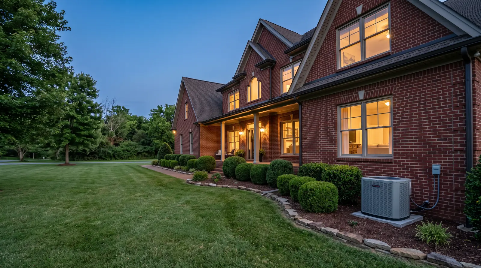 A handsome two-story red brick Nashville home at blue-hour dusk with warm glowing windows, a landscaped front yard with boxwoods and a neat outdoor air conditioner condenser with a clean grille sitting on a level pad beside the foundation, porch lights on, calm empty lawn on the left side of the frame