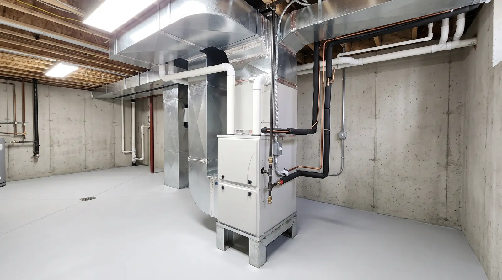 A bright, spotless basement mechanical room with a modern white gas furnace on a stand, an evaporator coil cabinet on top, neat galvanized sheet-metal ductwork, copper refrigerant lines wrapped in black insulation and a clean concrete floor under LED lighting