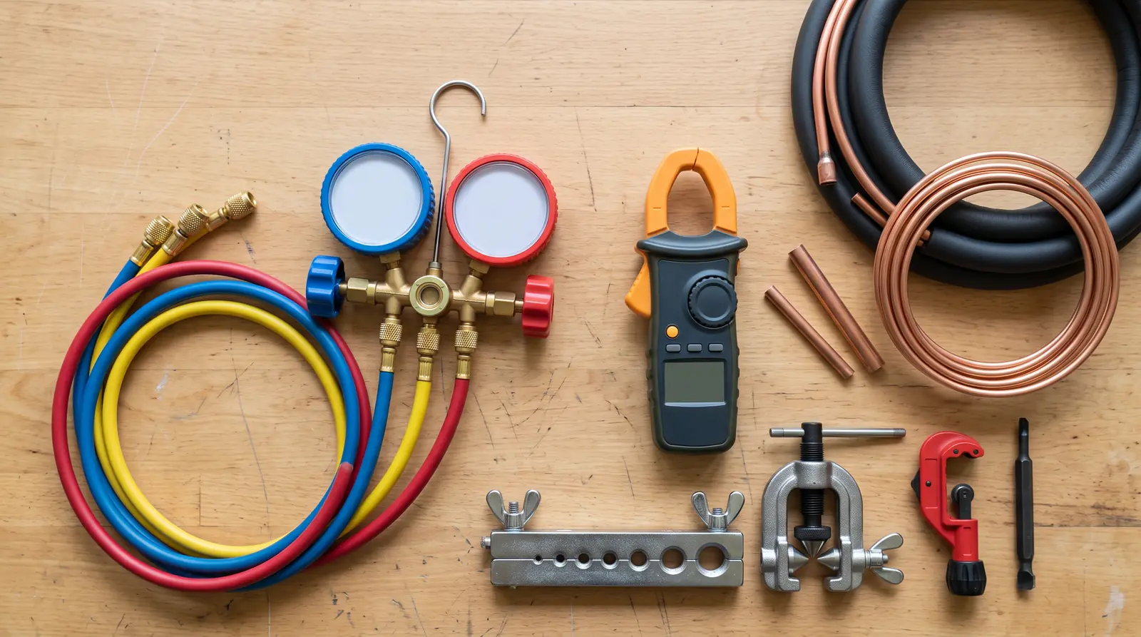 A neat flat-lay on a clean workbench of a refrigerant manifold gauge set with blank dial faces, a digital clamp meter, copper tubing, flaring tools and a coil of insulated line set, soft overhead light, shallow depth of field