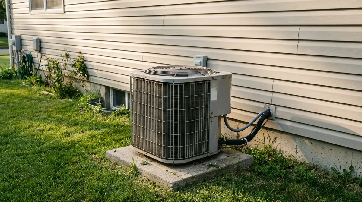A sturdy outdoor condenser on a concrete pad beside a siding home with a trimmed lawn, afternoon sun