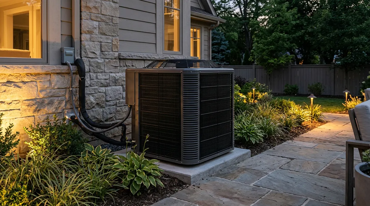 A high-end variable-speed outdoor condenser by a stone patio at dusk with warm landscape lights