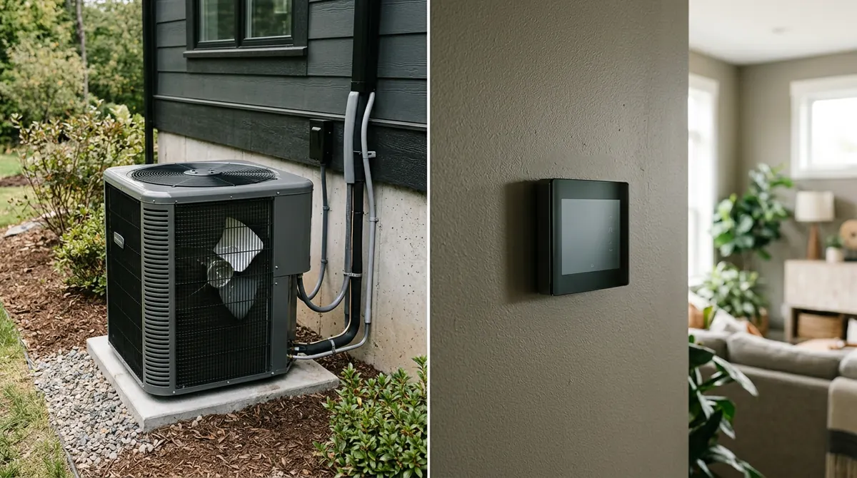 A top-tier variable-speed outdoor condenser beside a home and a modern wall control on a living room wall, premium look, soft light