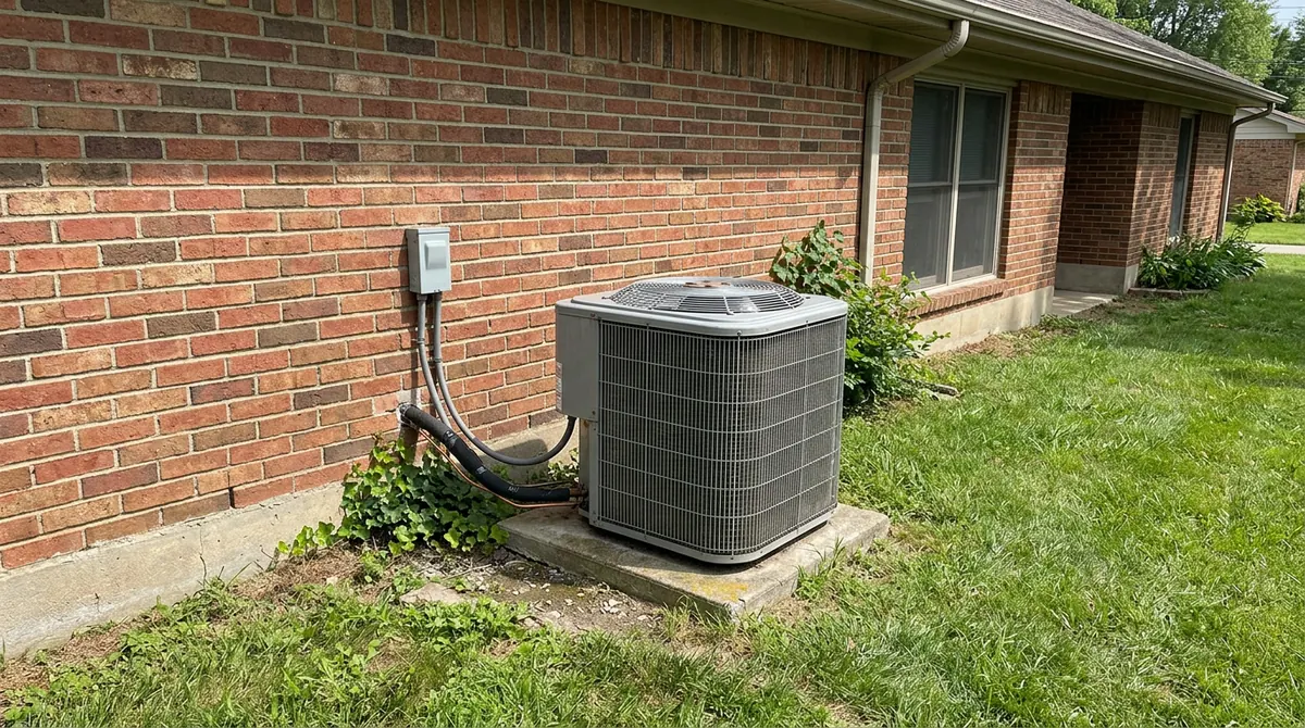 A dependable mid-range outdoor condenser on a pad beside a brick ranch with a green lawn, bright daylight