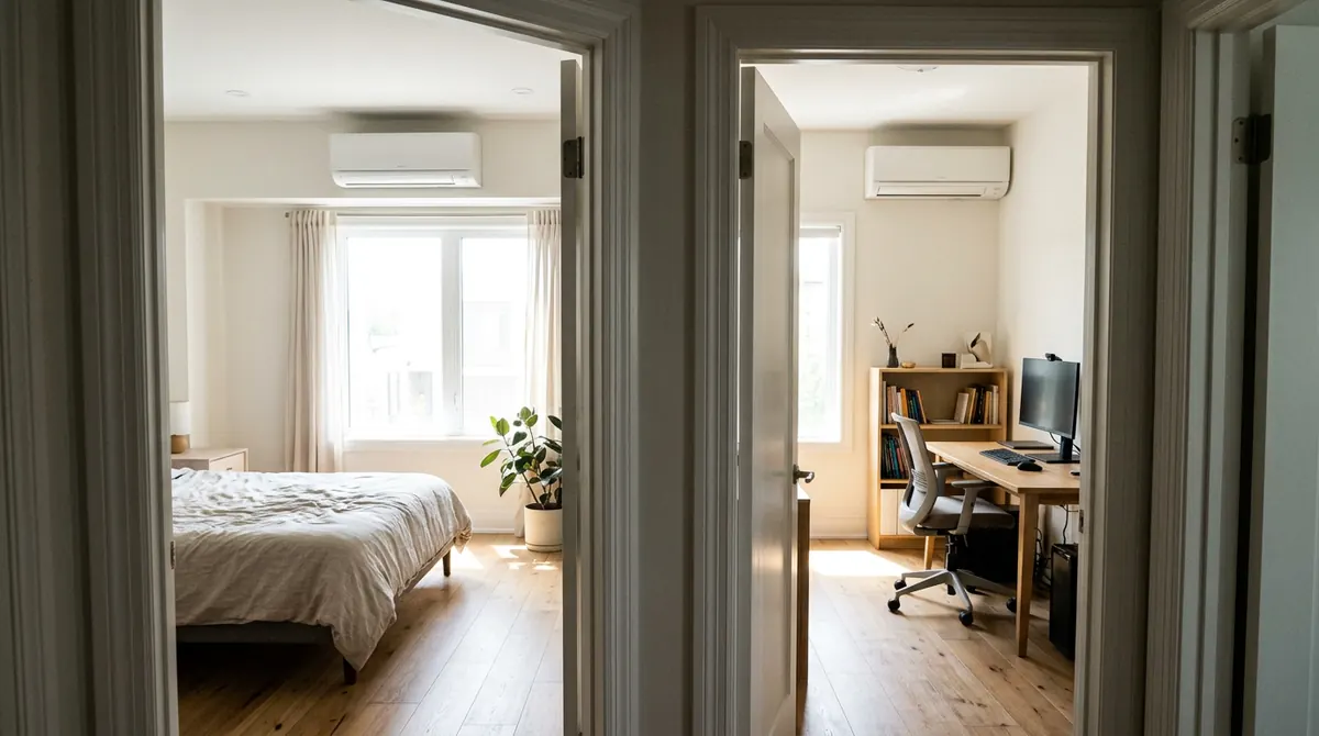 A wall-mounted indoor head in a bedroom and a second in a home office, bright natural light, minimal decor