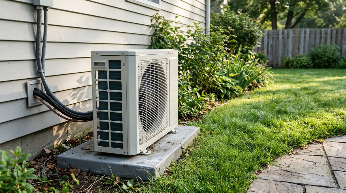 A compact inverter outdoor unit with a wide fan on a pad beside a patio and a lush green yard, soft morning light