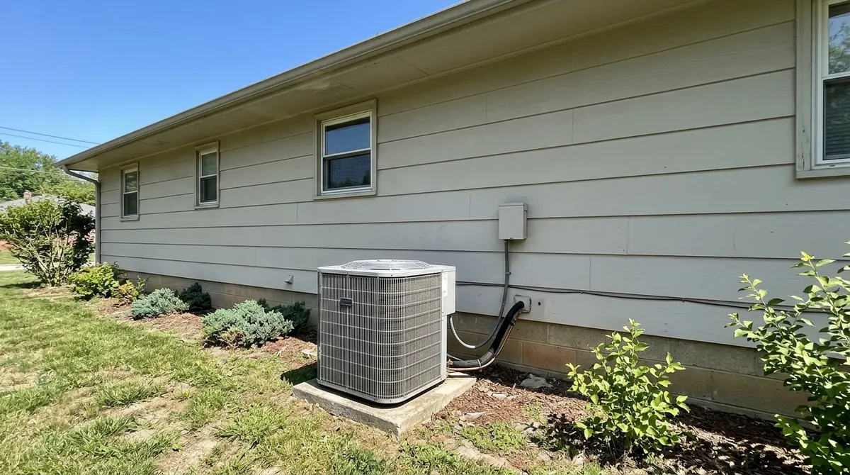 A central air conditioner outdoor unit beside a ranch home and a blue sky, clean and simple, bright daylight