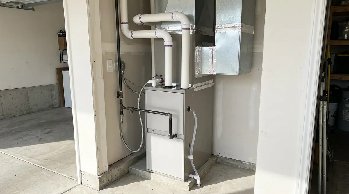 A clean modern gas furnace in a garage utility alcove with PVC vent pipes and a short run of ductwork, bright light
