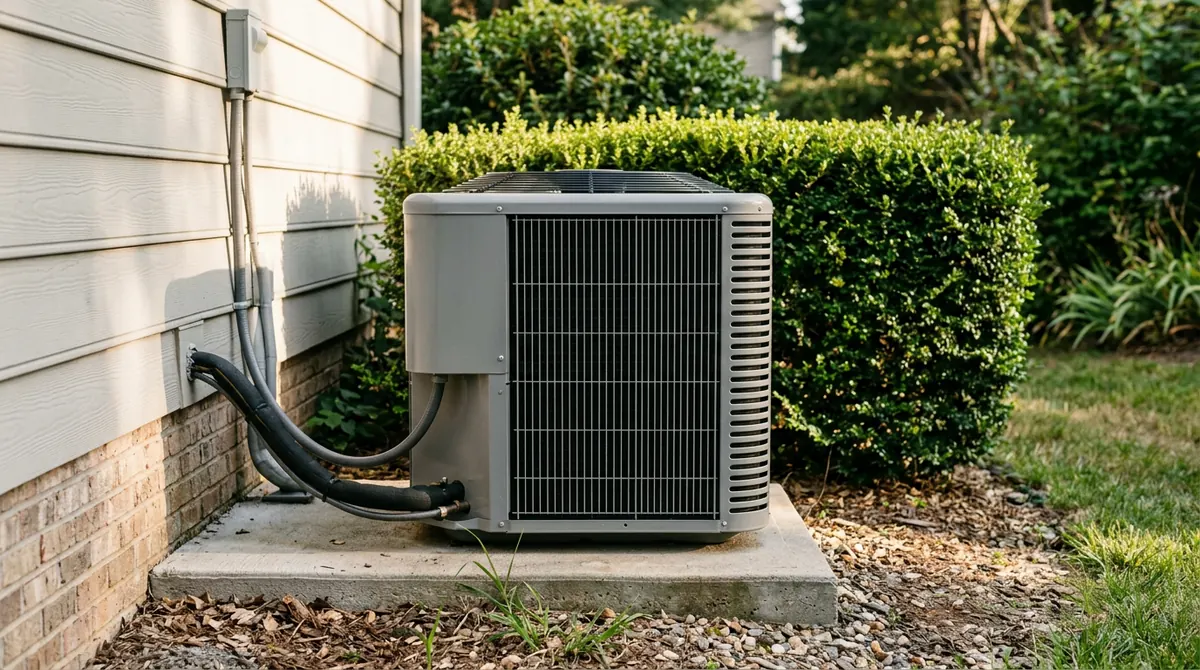 A well-built outdoor condenser by a trimmed hedge beside a suburban home, warm afternoon light