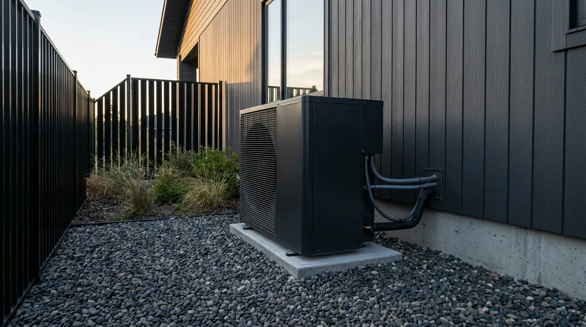 A very quiet premium heat pump outdoor unit beside a modern home with a clean black fence and gravel bed, crisp evening light