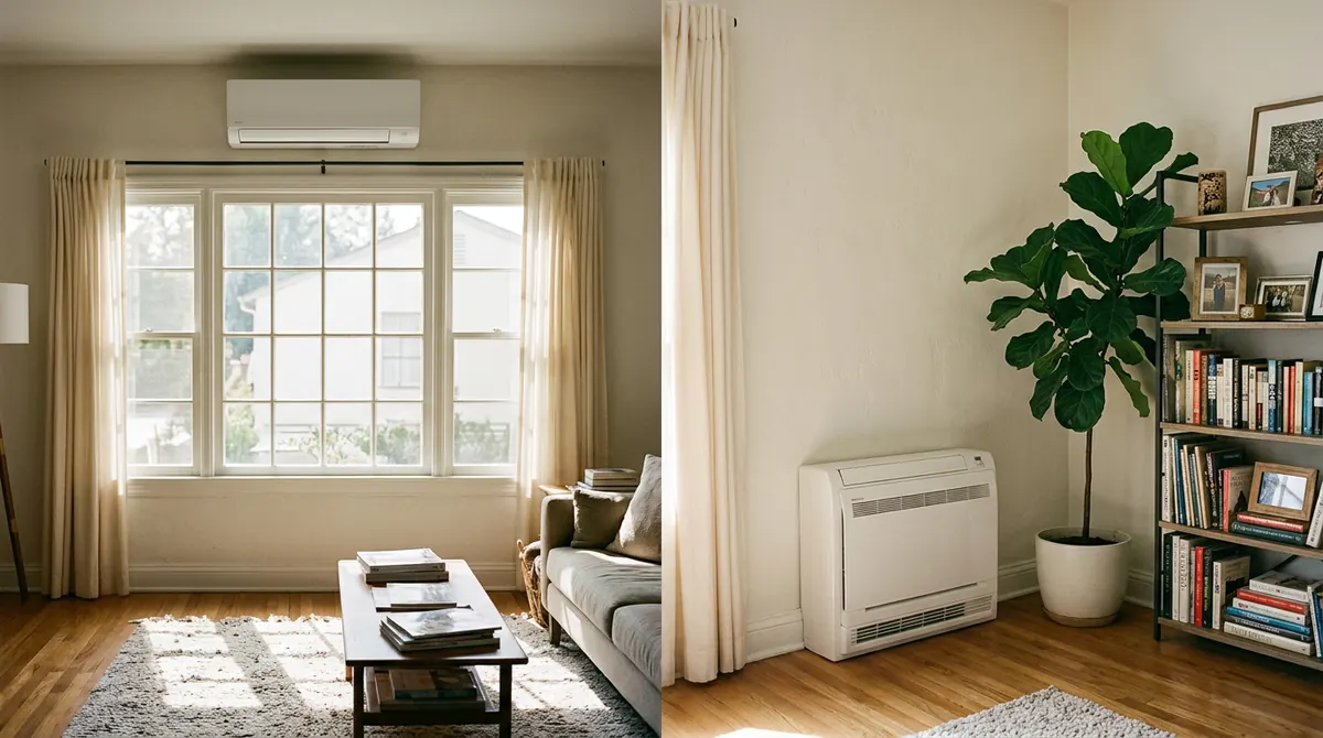 A slim white wall-mounted indoor unit above a window in a sunlit room and a floor-mounted unit in the corner of a bright den