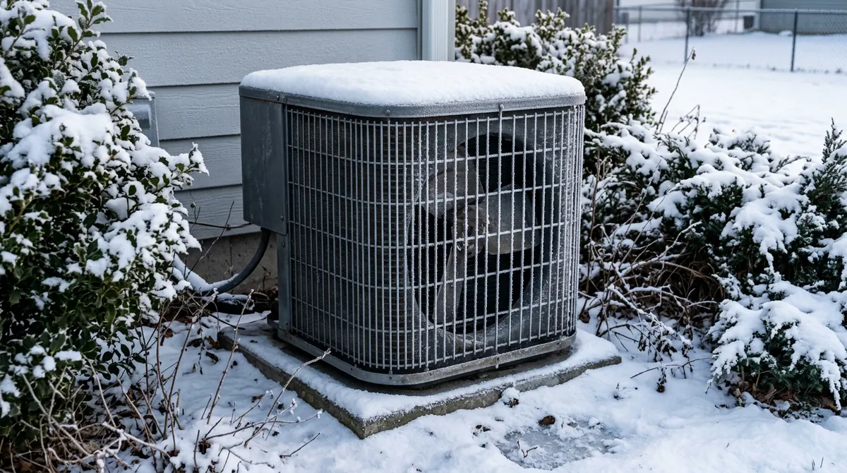 A cold-climate heat pump outdoor unit with a snowy shrub border and thin ice crystals on the grille, early morning