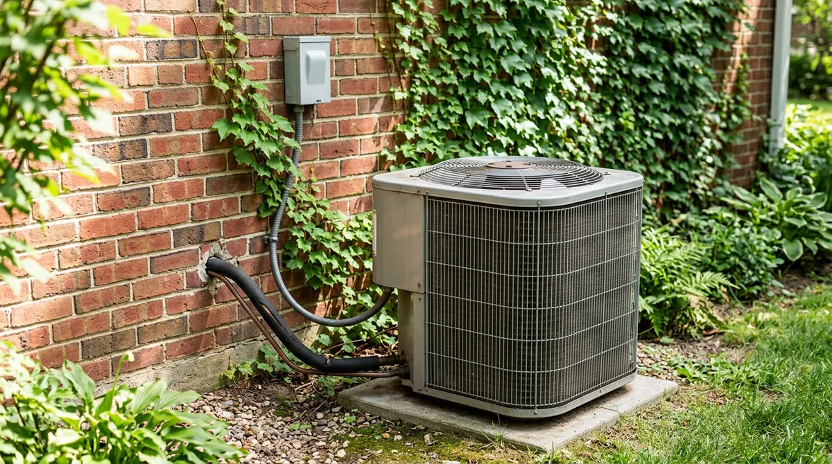 A simple classic outdoor condenser in a tidy yard beside a brick wall with ivy, bright daylight
