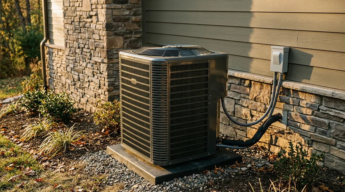 A two-stage outdoor condenser with a polished cabinet on a pad beside a stone and siding home, golden light